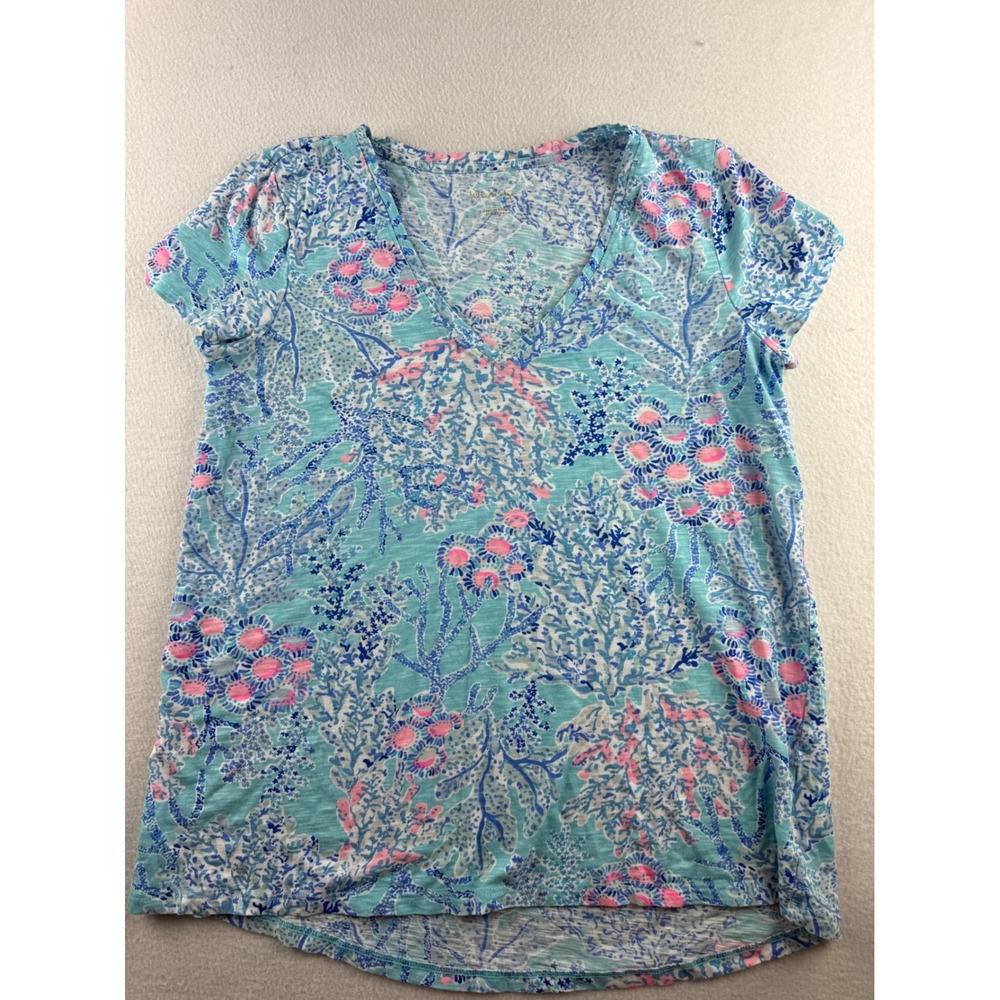 Lilly Pulitzer Etta‎ V-Neck T-Shirt Blue Pink Coral Reef Print Cotton Small